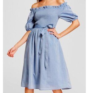 Who What Wear Chambray Puff Sleeves Off Shoulder Dress with Tie Women's Medium